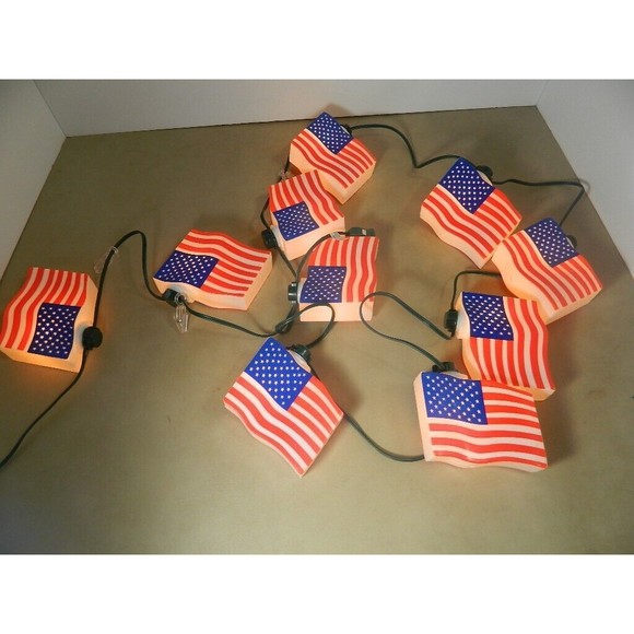 Primal Lite Fun Lights 10 US Flags on 12 Foot String 3"H X 4.25"L  Patio Camping - Picture 2 of 5